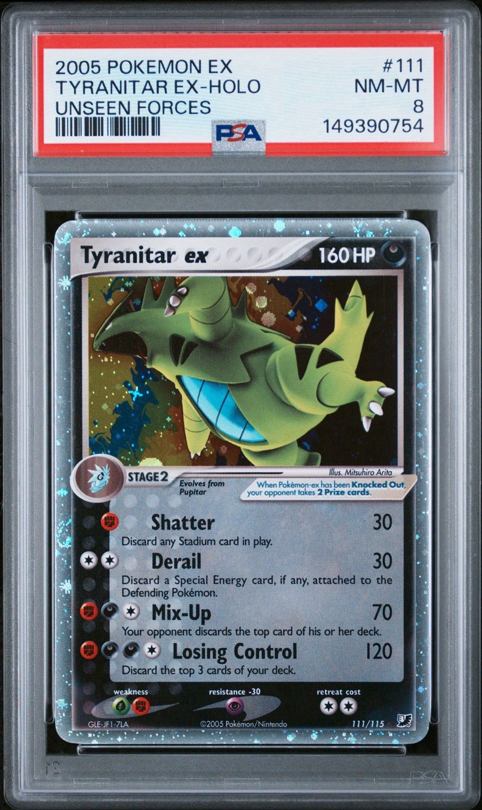 2005 POKEMON EX UNSEEN FORCES #111 TYRANITAR EX-HOLO PSA 8 New Cert
