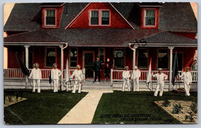 #ad K51 Muskegon Michigan Postcard c1910 Life Saving Station Men 152 $9.20