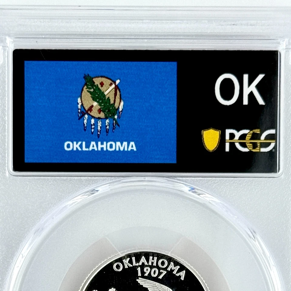 Cuarto de plata Oklahoma PR 70 DCAM PCGS 2008 S grado superior 25c OK bandera estatal Foto 2 de 4