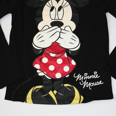 H&M Girl's Black Minnie Mouse Puff Sleeve Long Sleeve Shirt Top