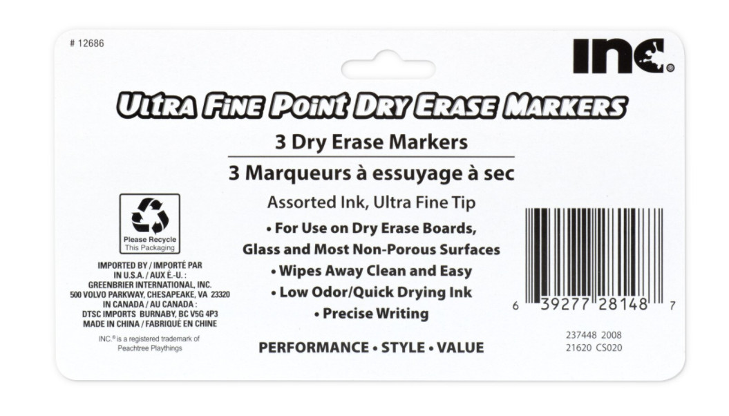INC. Ultra Fine Point Dry Erase Low Odor Markers Black, Blue, Red