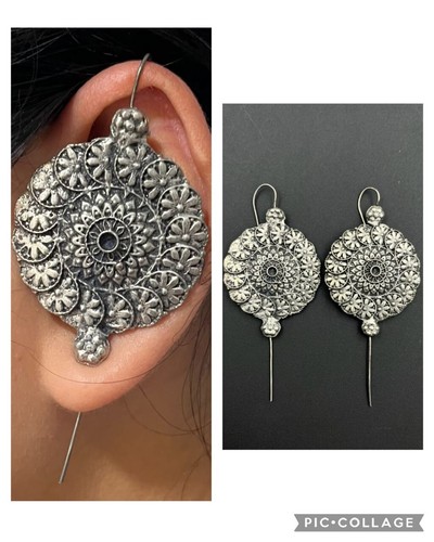 Orecchini Boho Indiani Bugadi Trendy Placcati Argento Ossidato Fatti a Mano Spilla Progettata - Foto 4 di 20