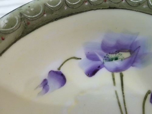 Set of 6 Handpainted Nippon Cereal Berry Bowls Green Purple Flowers NICE! - Picture 5 of 8
