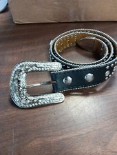 Nocona Black Leather Belt Horses Sparkling Rhinestones Sz 26" 1.25 W Damage Edge