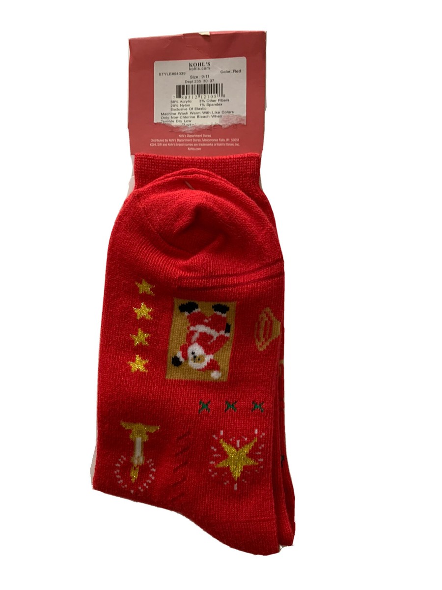 ハンドメイドつ NWT, Happy Holidays Kohl's Red/Gold Santa Socks ( Fits Shoe Size 9