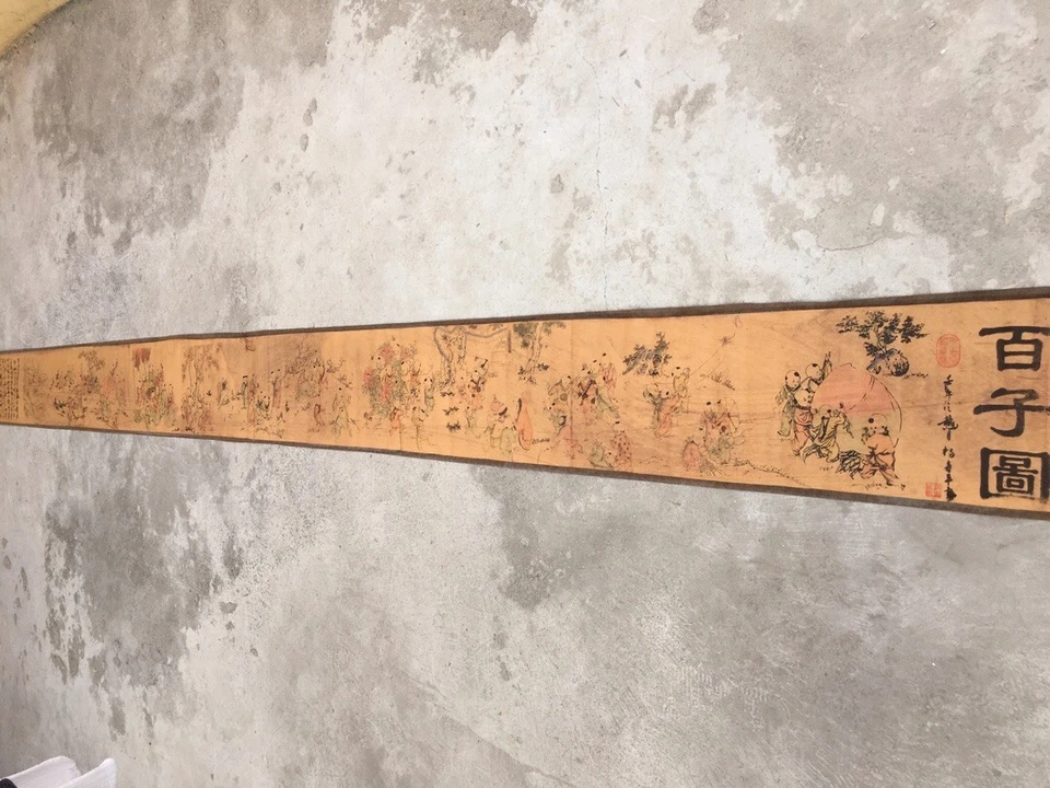 Cuadro antiguo chino "Pintura de figuras" pintura de pergamino largo pintura de cien Foto 2 de 4