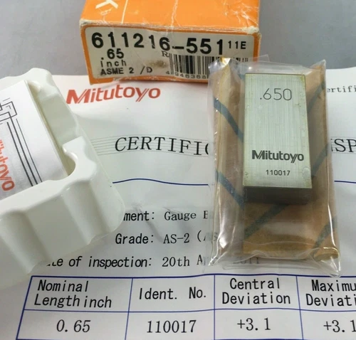 MITUTOYO 611216  Rectangular Gage Block 0.65"  AS-2 ASME Certificate🎯Machinist
