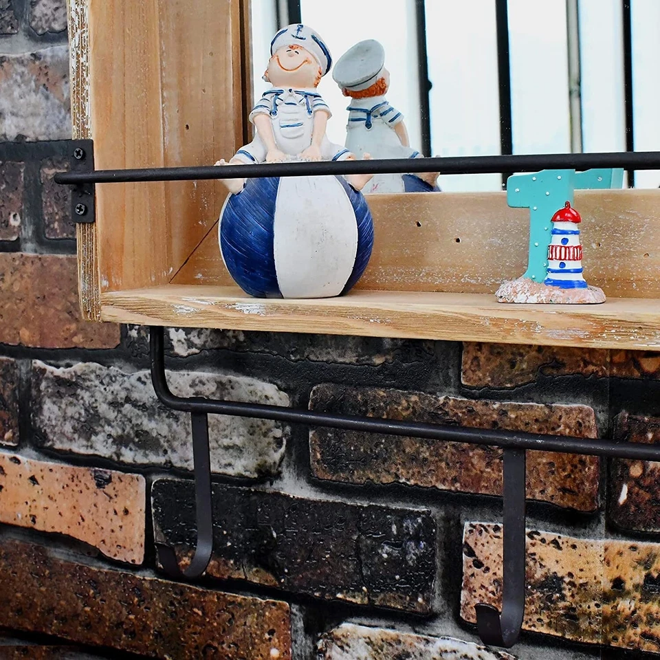 Wood Wall Mirror with Hooks Shelf, Rustic Wooden Frame Hanging Wall Mirror - Image 4 of 4