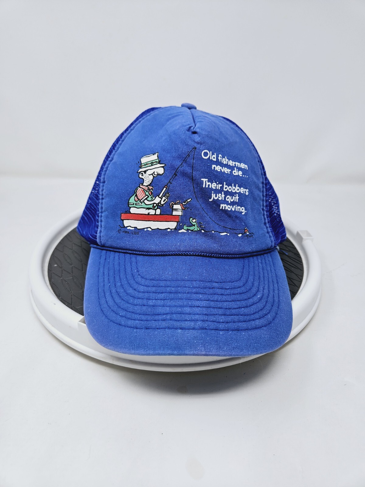 VTG 90s Fishermen Never Die Bobbers Quit Trucker Hat Funny Fishing Mesh Rope