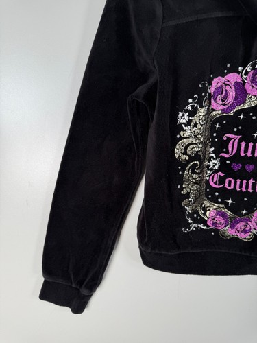 Y2k Juicy Couture Girls Full Zip Velour Rhinestones Hood Jacket Black Sz M 10-12 - Picture 14 of 17