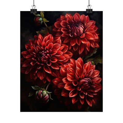 Red Dahlia Flower Art Print Poster, Flower Painting, Flower Décor