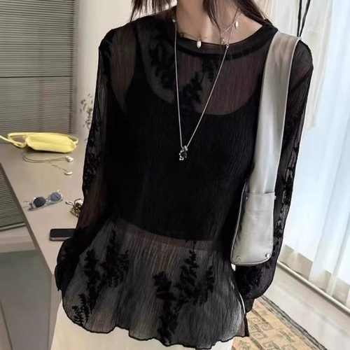 Women Lace Sheer T-shirts Tops Shirts Blouse Embroidered Floral Long Sleeve - Picture 9 of 10