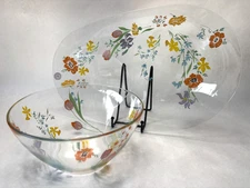 Vintage Dorothy Thorpe Spring Wild Flowers Glass Oval Tray & Bowl w/ Labels Rare