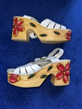 Rare Vintage 1970s Hand Painted Floral Wooden Platform Sandals Sz 7 Boho Disco
