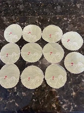 Vintage Set of 11 Linen Embroidered Wine Glass Coaster/Drip Catcher Roosters