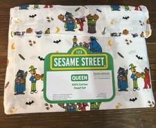 Sesame Street Halloween QUEEN 100 Cotton Sheet Set Ernie Bert Oscar Elmo Cookie