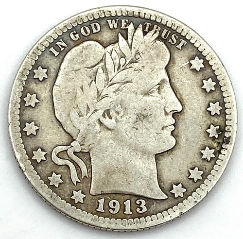 1913 P Barber Quarter 25C 90% Silver Appears to be F