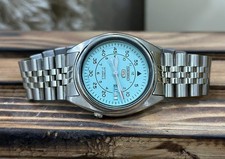 Rare Seiko 5 Automatic 21 Jewels Sky Blue Dial Japan Made Watch For Mens