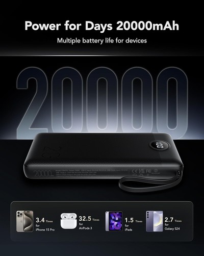 VRURC Portable Charger Built in Fast Charging Cables 20000mAh Power Bank PD 20w - Picture 4 of 9