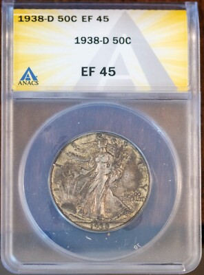 Key 1938-D 50C Silver Walking Liberty Half EF-45 ANACS 7433068 +