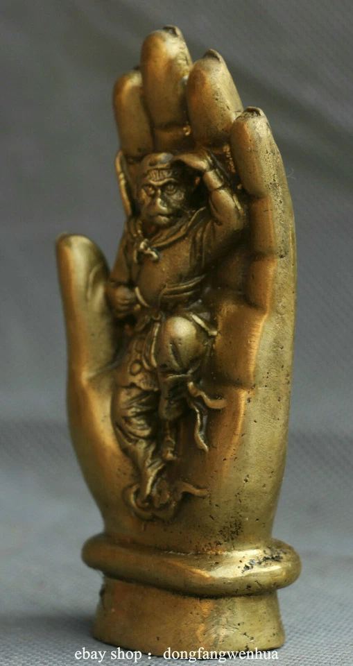4" Chinese China Bronze Myth Handsome Monkey King Sun Wukong Buddha Hand Statue - Image 4 of 4