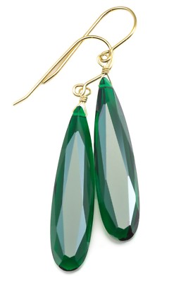 Green Simulated Emerald Earrings Faceted Long 14k Gold Sterling Drops 