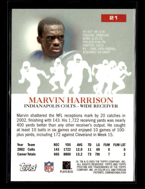 2003 Topps Pristine #21 Marvin Harrison Indianapolis Colts - Image 2 of 2