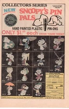 1973 SNOOPY'S PIN PALS Peanuts PRINT AD ART - SNOOPY CHARLIE BROWN GANDALF CO.