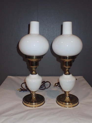 Pair of Vintage Antique Milk Glass Brass Table Lamps