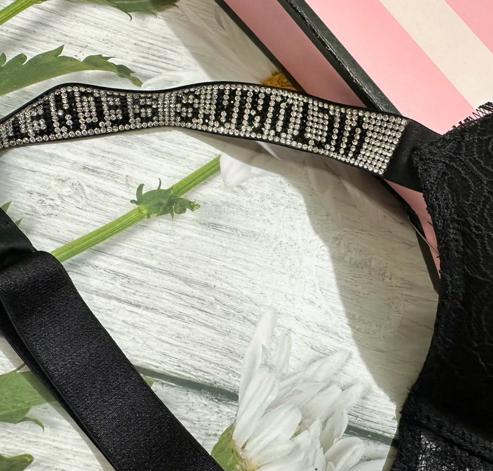 Victoria's Secret Brillo Correa Bombshell Encaje Push-Up Sujetador Tanga Conjunto Negro Foto 3 de 4