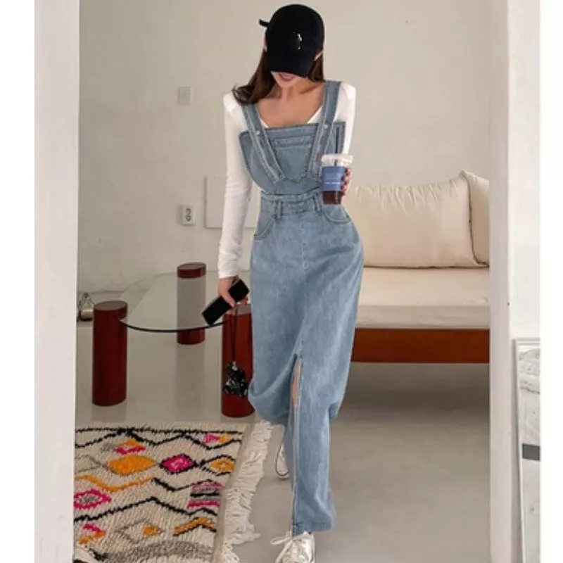 Fashion Women Denim Jumpsuit Loose Overalls Dress Long Suspender Skirts  Casual