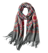  Women's Embroidered Oversize Tassel Shawl Scarf Wraps for Women Gray