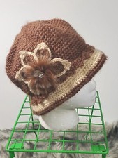Retro Brown Knitted Lined OS fits Most Flower Accent Cloche Flapper Bucket Hat