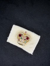 VTG Gold Tone Multi-Color Rhinestone Faux Pearl Royal Crown Pin Brooch Open Back