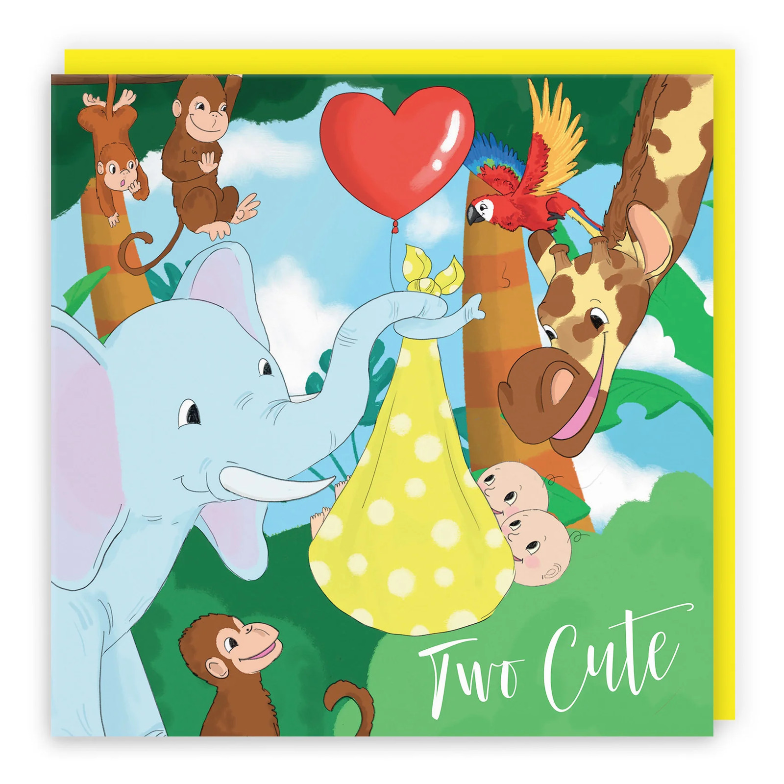 New Baby Twins Card Elephant Yellow Jungle