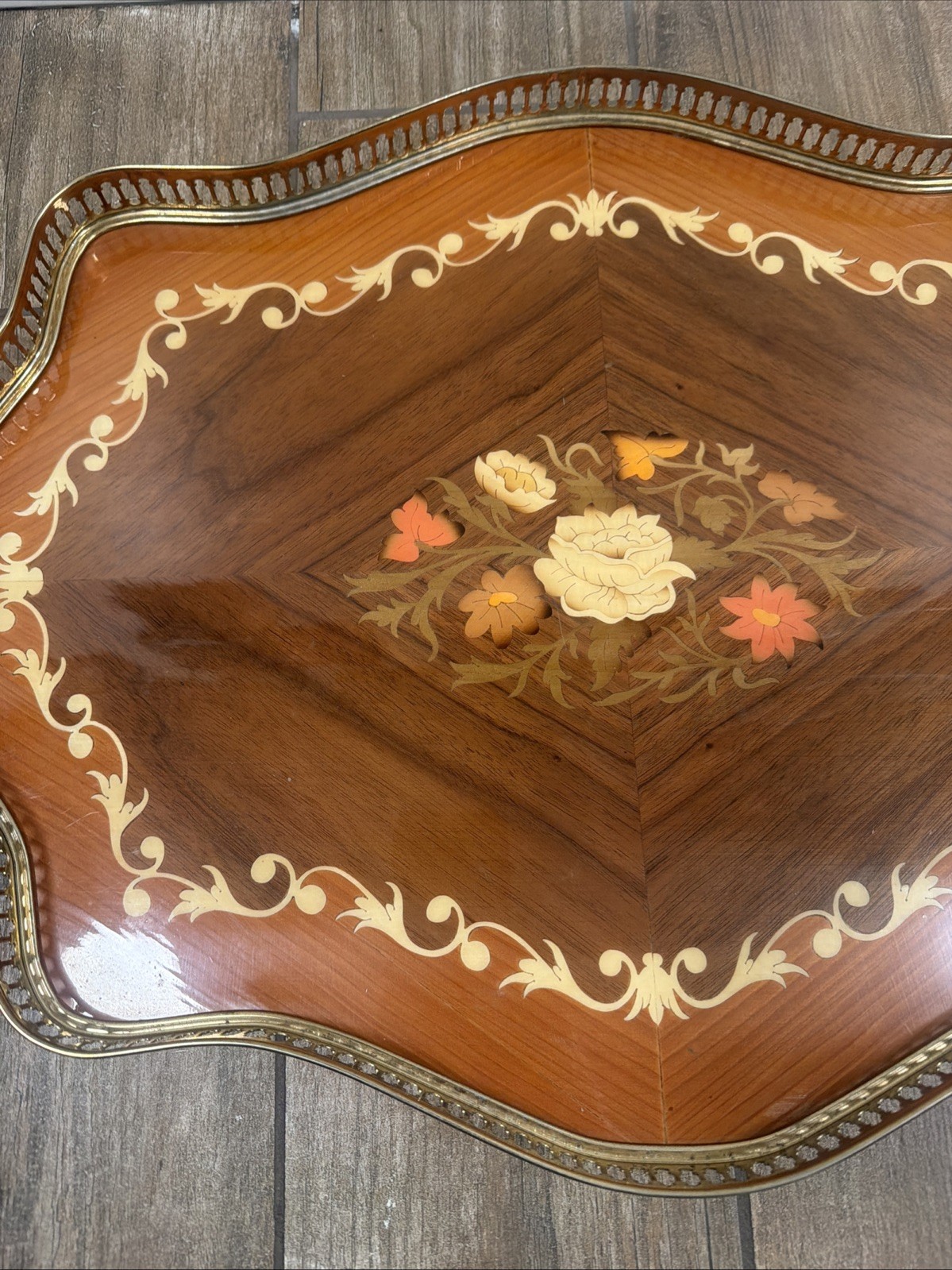 Vintage Italian Marquetry Wood Serving Tray Floral Inlay Brass Band Handles