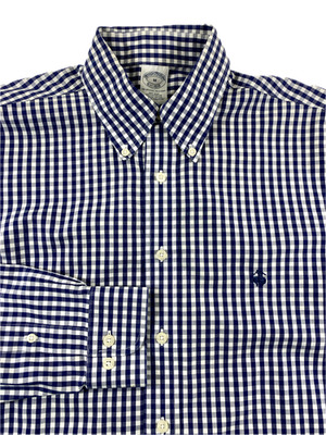 Brooks Brothers Men's Non-Iron Button Down Navy Blue Gingham Check Shirt Medium