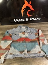 C D M Womens Sz S Cropped Jacket Cotton Blend Aztec Mixed Denim Woven