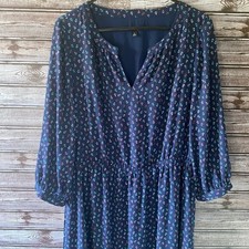 Talbots Women's Long-Sleeved Midi Dress Size 14 Navy Blue Anchor V-Neck Belt