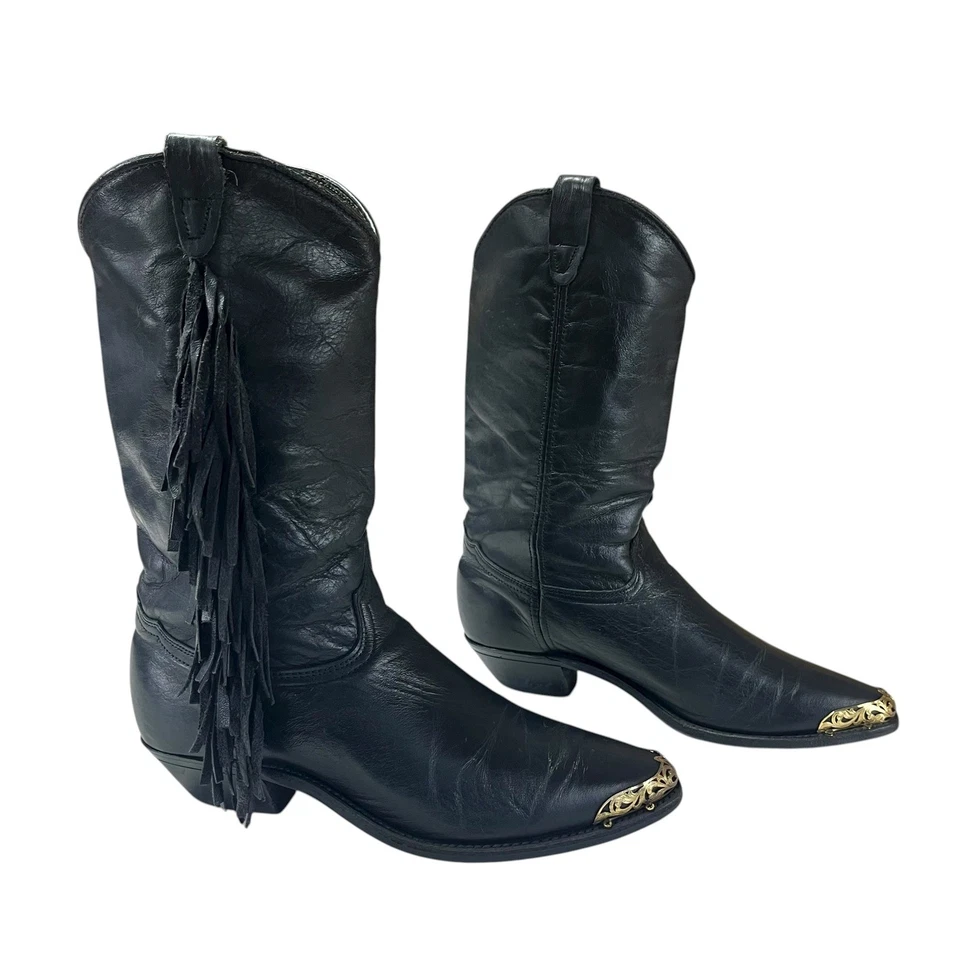 Botas de Vaquero Western Mujer 8.5 Cuero Negro Flecos Puntera de Metal Decoración Ecuestre Foto 2 de 4