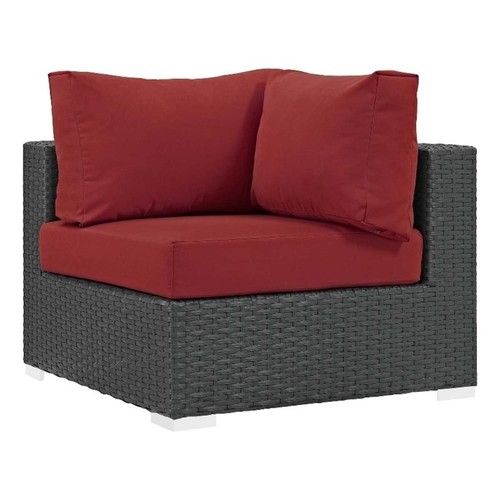 Modway Sojourn Aluminum Fabric and Rattan Patio Corner Sofa Chair in Canvas/Red - Picture 2 of 4