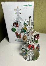 LS Arts Crystal Glass 6" Christmas Tree 11 Ornaments Mirrored Base Holiday Decor