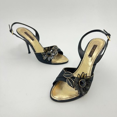 Louis Vuitton | Auth Black Flower Leather Gold Slingback Stiletto Heels (36.5)