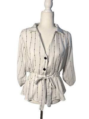 Sweet Rain white and black striped v-neck button up blouse with cinched waist -