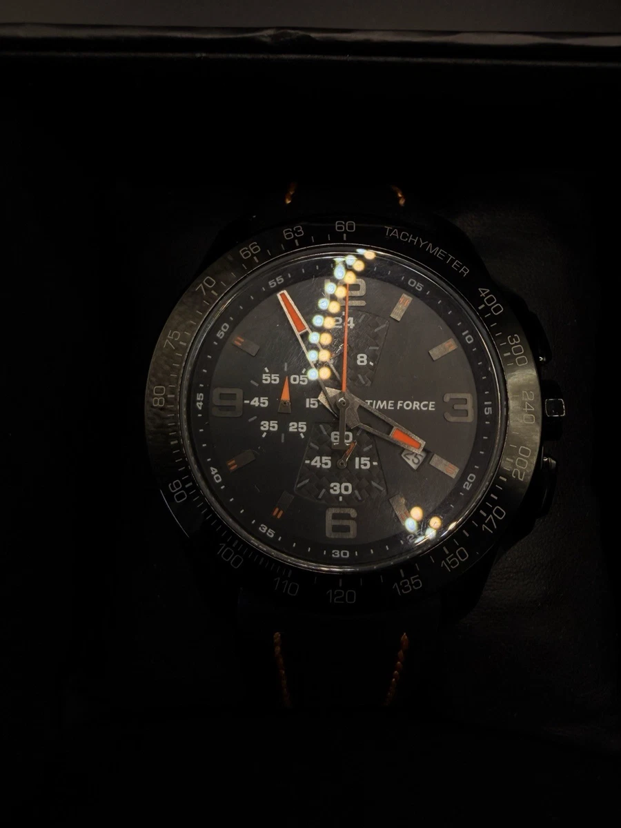 Time Force TF3272M Men's Quartz Chronograph Tachymeter Black Dial Leather Box