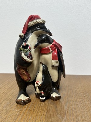 Festive Christmas Penguin Family of Three Father Mother Child Wood Look