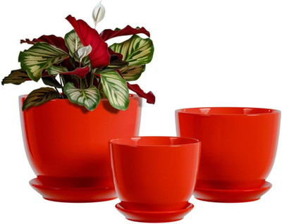 Ceramic Plant Pots - 4''/5''/6'' Inch Red Planters Set of 3 with Drainage Holes and