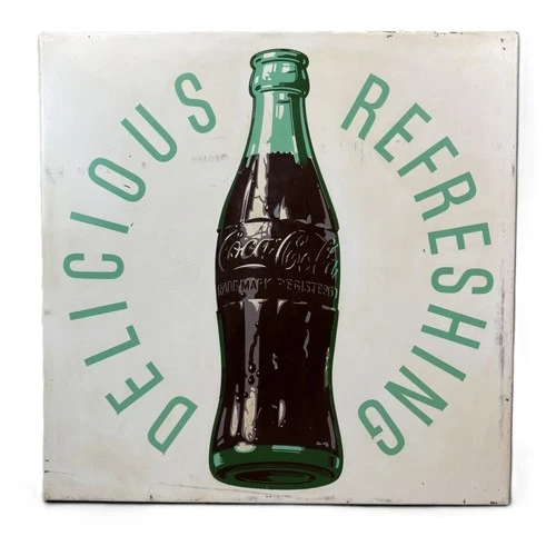 Vtg 1954 Delicious Refreshing SSP Porcelain Coca Cola White Green 24”x24” Sign