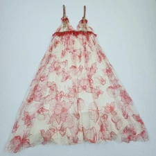 New VTG Y2K 100% Silk Max Studio Red Floral Feather Midi Length Dress Sz 10