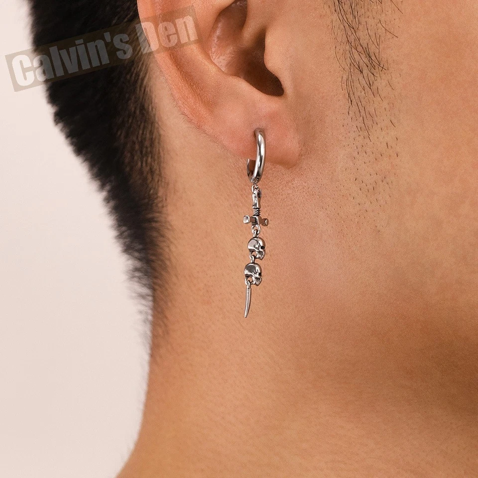 Stainless Steel Bone Sword Cross Earrings Dangling Skulls Gothic Punk Men Women - Image 3 of 4